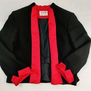 Kasper Cropped Open Front Black Red Silky Collar/Cuffs Dress Jacket Women's 16P